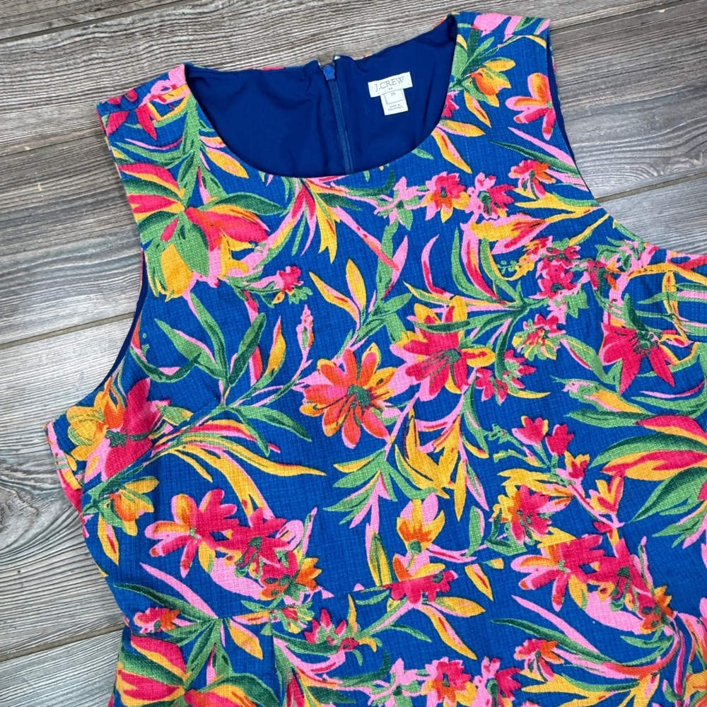 J.Crew Women Size 20 Shift Dress Blue Tropical Floral Cotton Pique Sleeveless - Picture 2 of 8